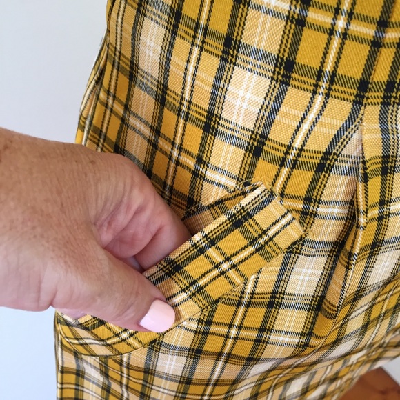BOOHOO womens 10 checked mustard yellow twee plaid mini pockets retro vibe NEW - Picture 3 of 12